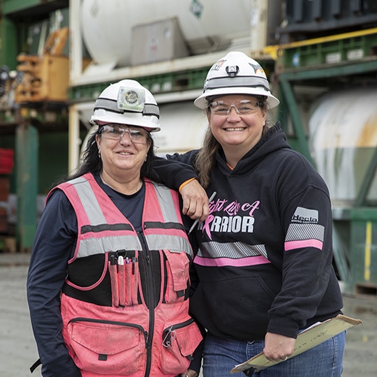 Two women mining workers taking a photo together